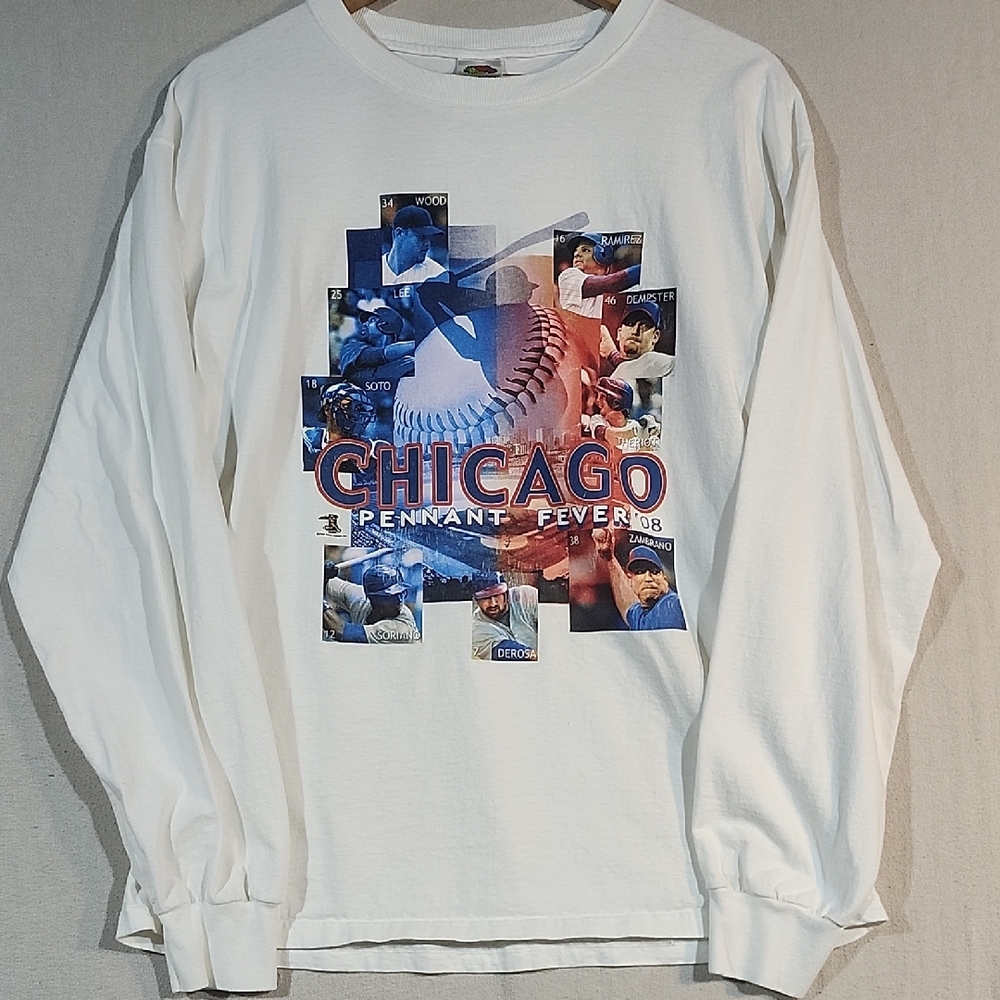 VTG Fruit of the Loom Chicago Cubs Pennant Fever 2008 White Long Sleeve‎ Tee L